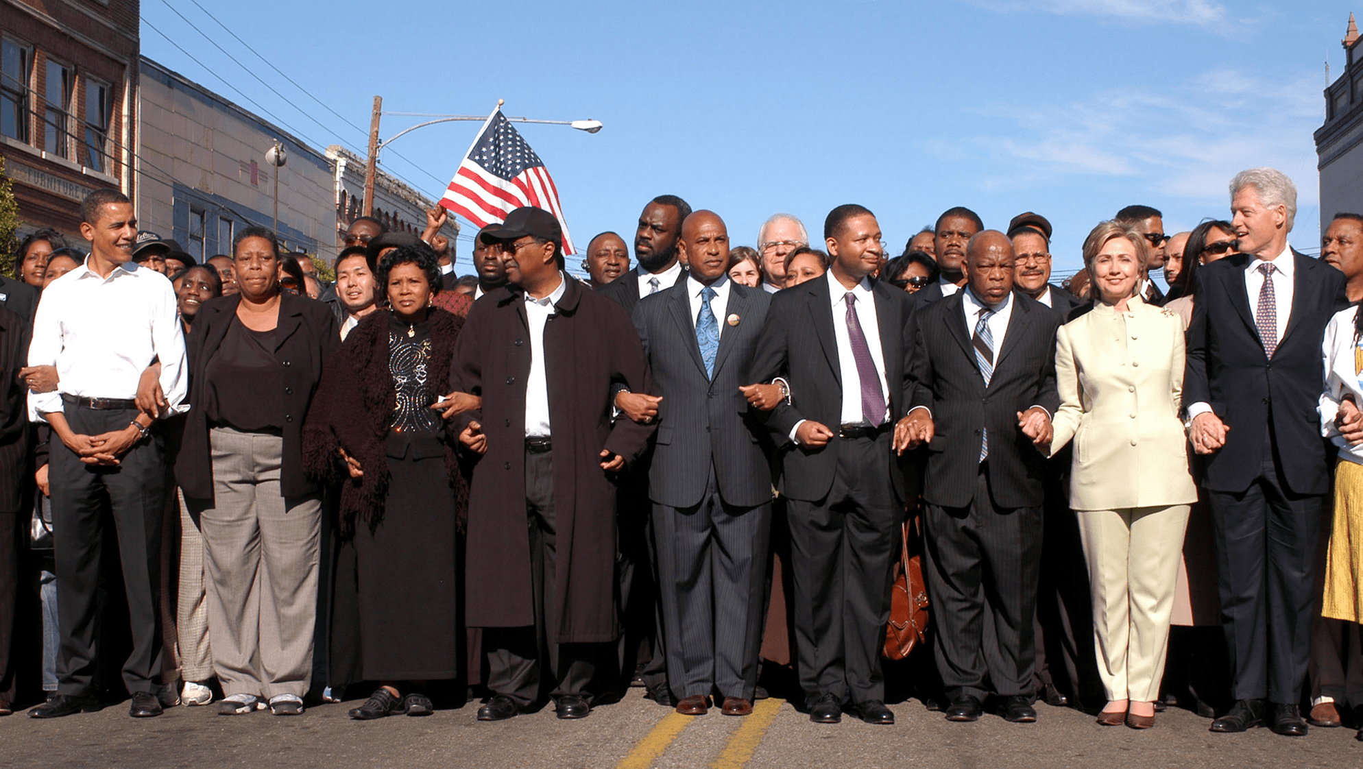 Group marching in unity on street